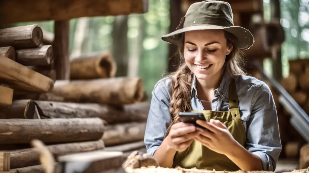 eine junge Frau informiert sich im Wald am Smartphone über interessante Berufe mit Holz 