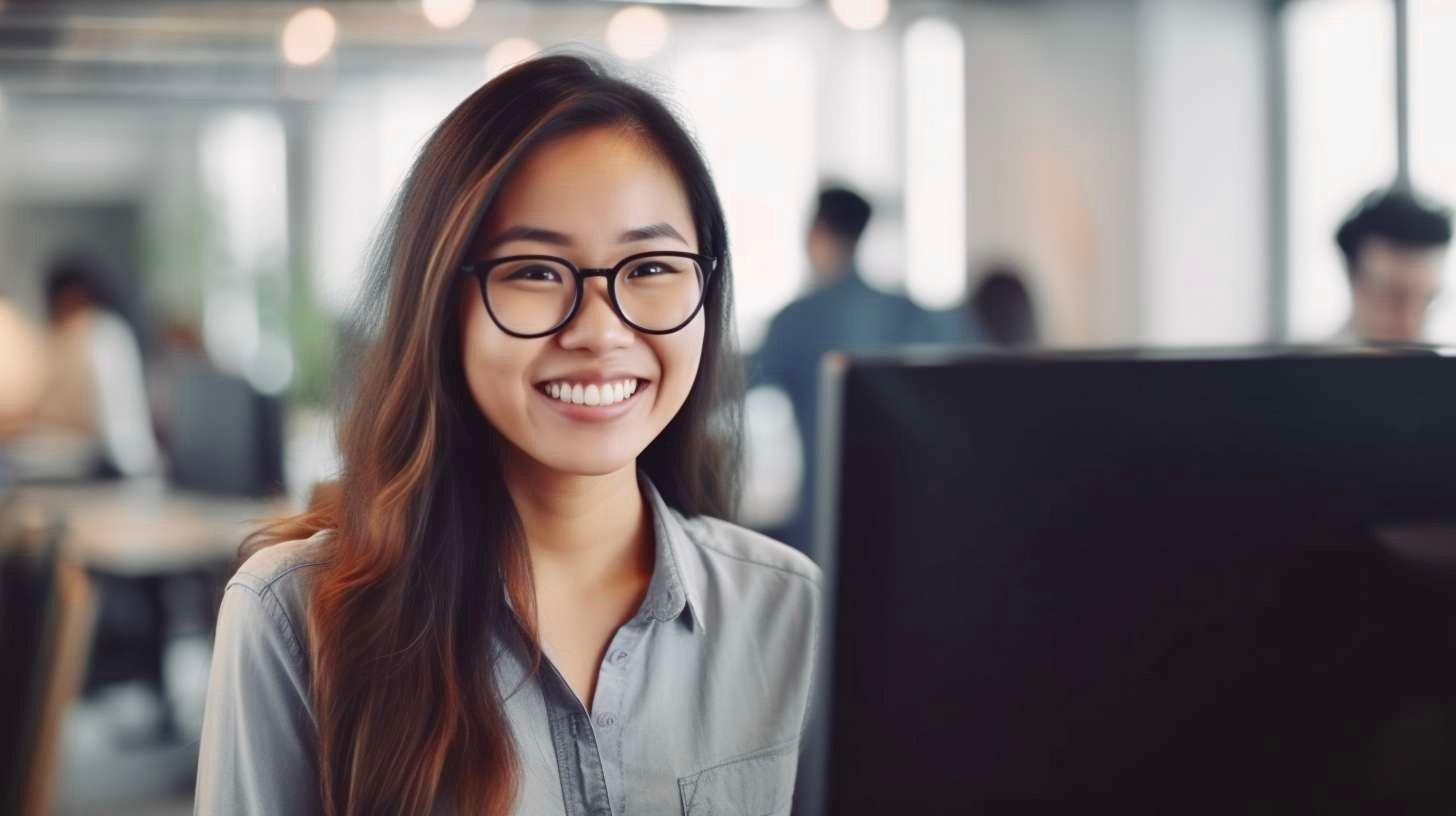 absender_a_smiling_young_ordinary_asian_female_working_with_a__a2265f2c-f2d9-4509-a8af-7303a1e47e52