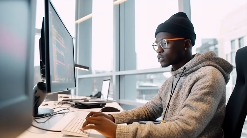 Ein junger Mann macht ein Fernstudium in Elektrotechnik am Computer