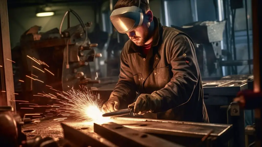 Ein Beschäftigter in der deutschen Stahlindustrie an seinem Arbeitsplatz beim Schmieden von Metall