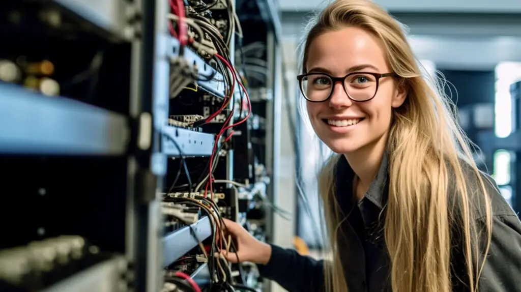 Eine Frau arbeitet an einem IT Rack als Staatlich geprüfter Techniker