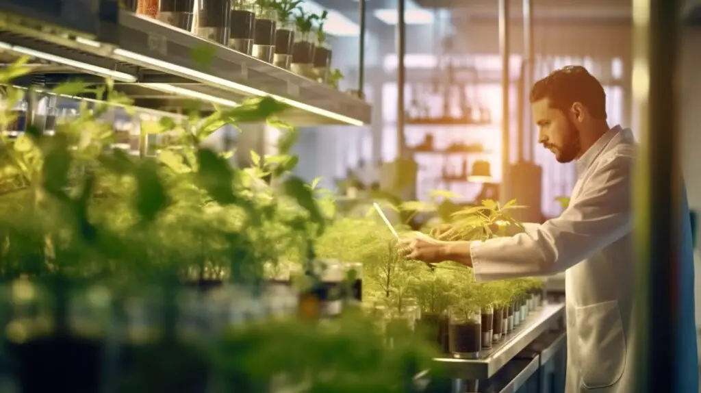 Ein Forscher arbeitet an Pflanzen in einem Labor für Umweltbiotechnologie
