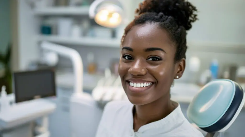 Eine junge Frau aus Afrika macht eine Ausbildung für Ausländer in einer Zahnarztpraxis 