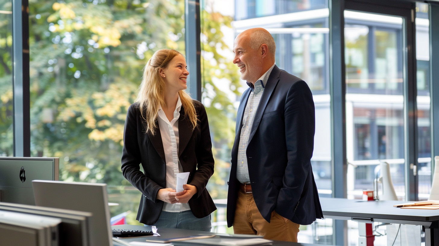 Eine Frau im Praxissemester in Deutschland spricht mit einem Vorgesetzten im Büro