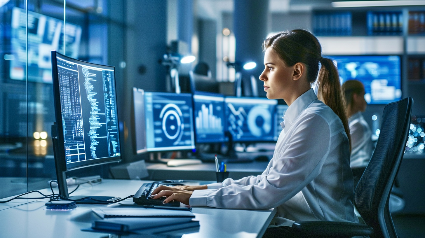 Eine KI Beraterin arbeitet an ihrem Computer