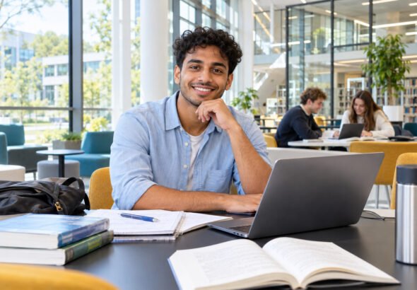 Internationaler Student im modernen deutschen Lernraum