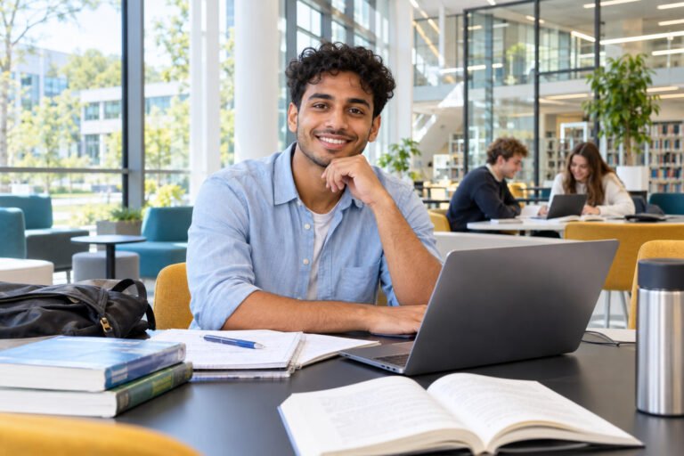 Internationaler Student im modernen deutschen Lernraum