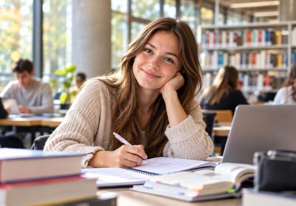Lächeln zwischen Büchern und Notizen