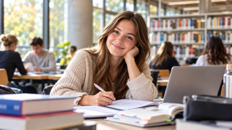 Lächeln zwischen Büchern und Notizen