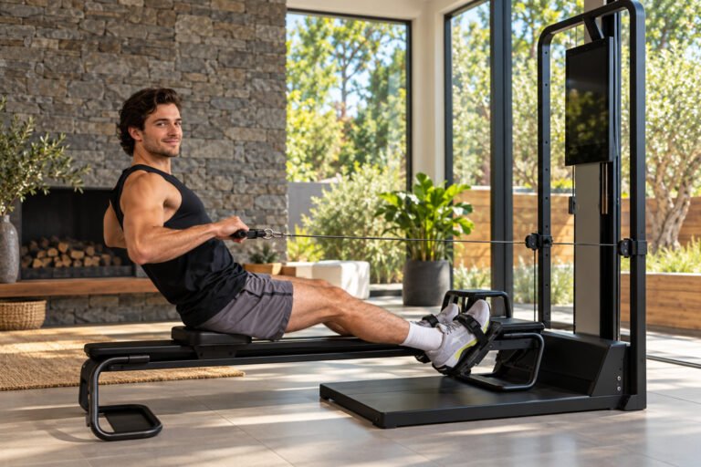 Rudertraining im hellen Home-Gym