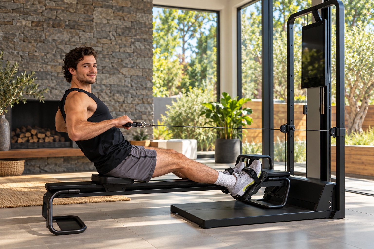 Rudertraining im hellen Home-Gym