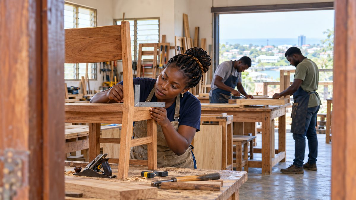 Erwachsene lernen Tischlerarbeiten in einer Werkstatt in Liberia