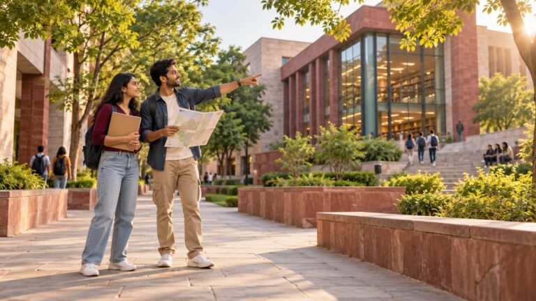 Indische Erwachsene orientieren sich mit Unterlagen auf einem Hochschulcampus