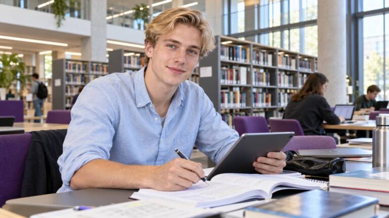 Student mit Tablet und aufgeschlagenem Buch an einem Tisch in einer Bibliothek.