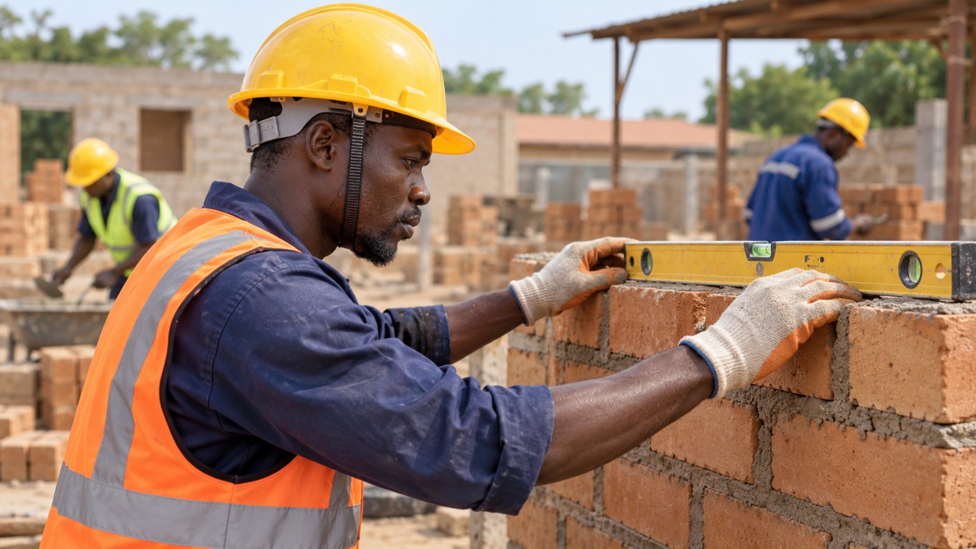 Nigerianischer Bauarbeiter prüft eine Übungsmauer mit Wasserwaage
