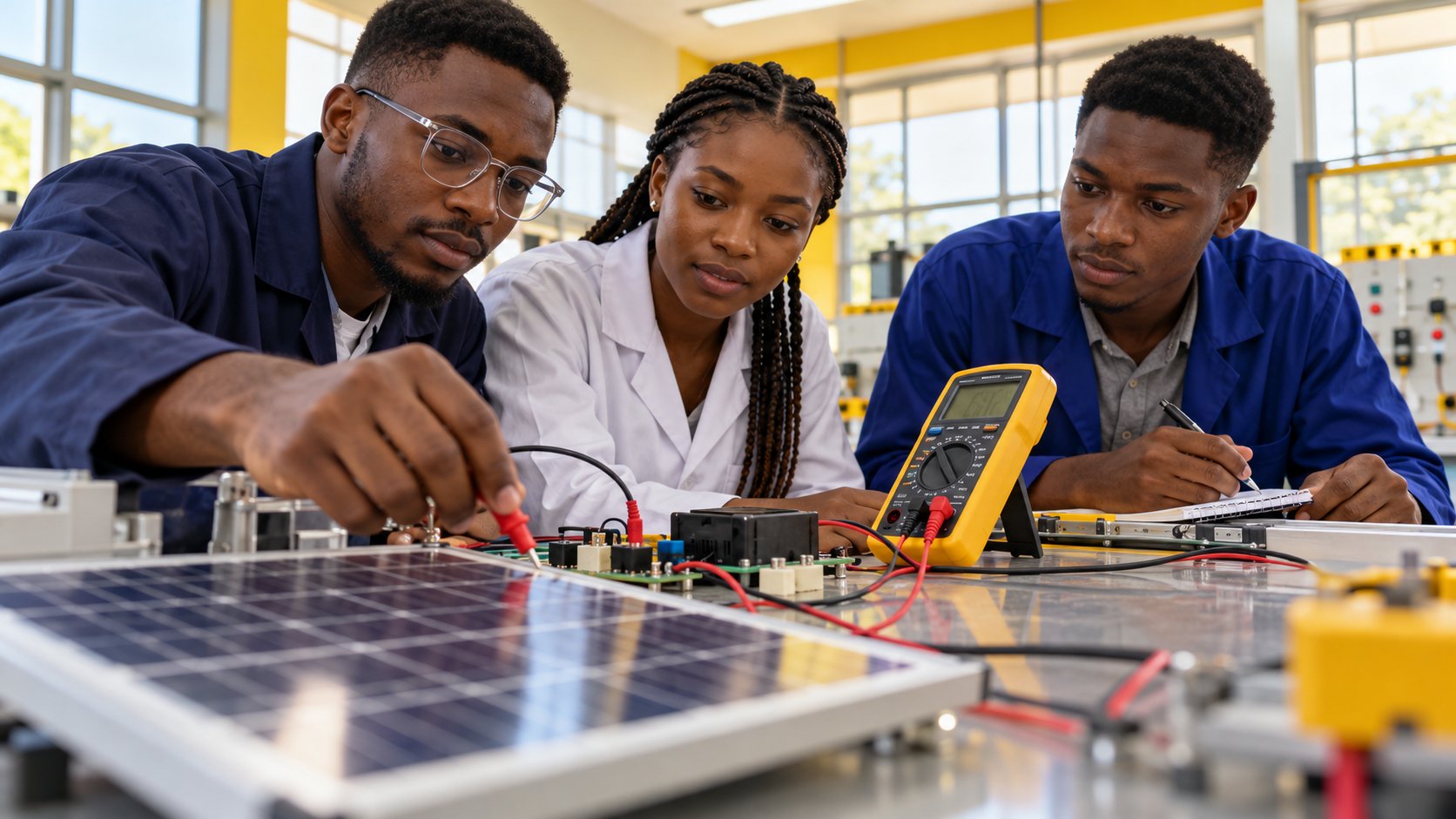 Erwachsene Studierende in Nigeria arbeiten an einem Solartechnik-Versuch
