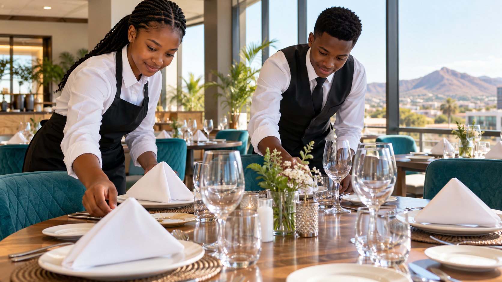 Erwachsene Lernende aus Namibia üben das Eindecken eines Restauranttisches