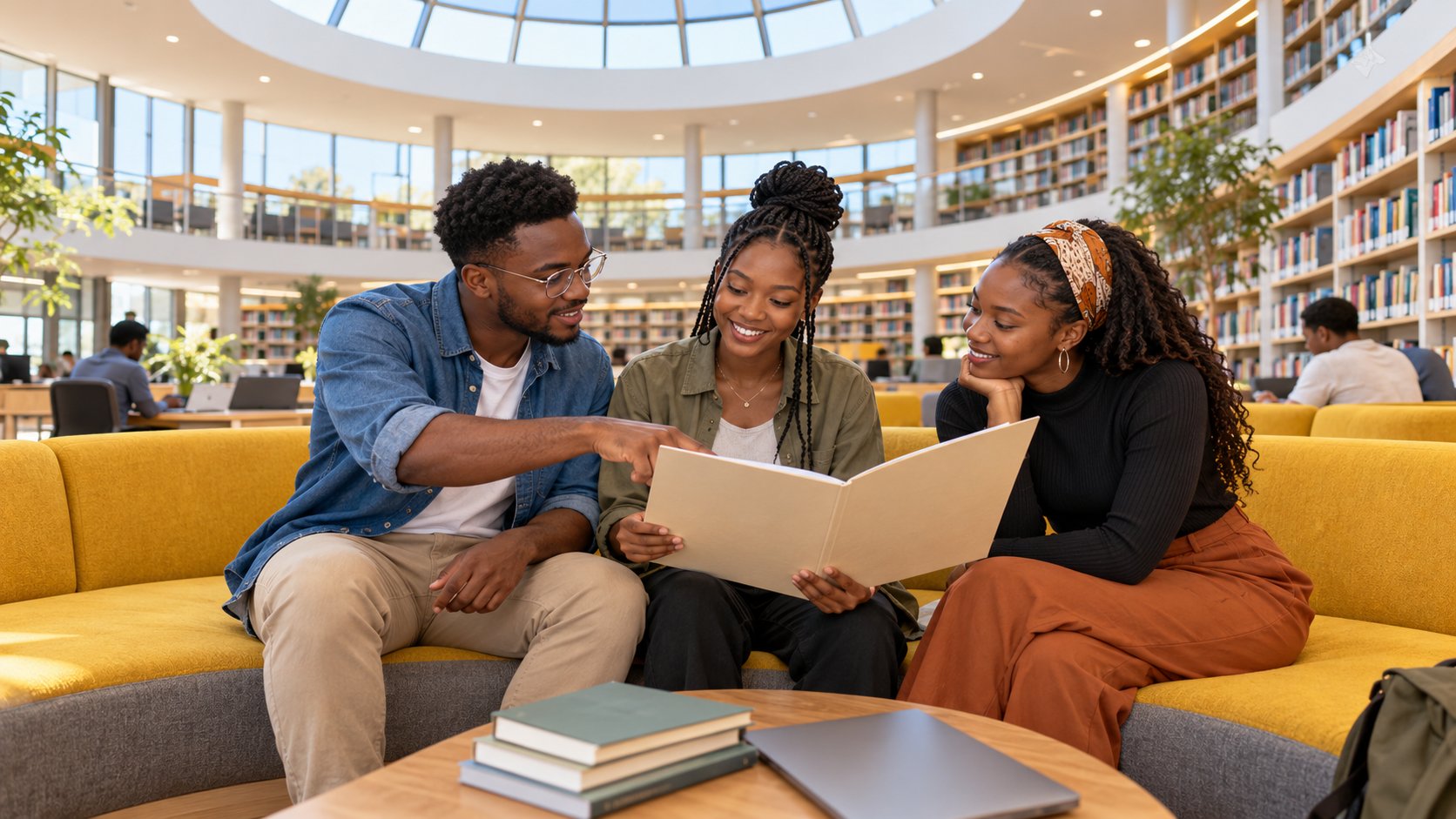 Erwachsene aus Namibia besprechen berufliche Lernziele in einer Bibliothek