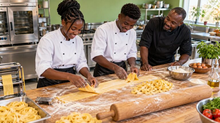 Erwachsene aus Namibia üben die Herstellung frischer Pasta
