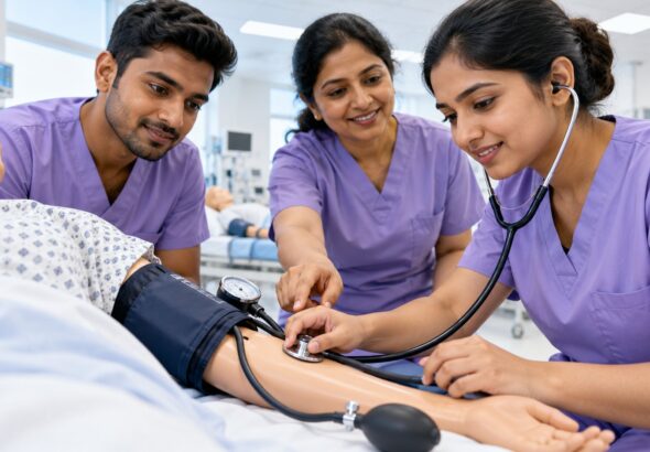 Erwachsene indische Pflegekräfte üben Blutdruckmessung an einer Trainingspuppe