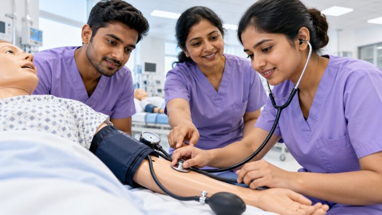 Erwachsene indische Pflegekräfte üben Blutdruckmessung an einer Trainingspuppe