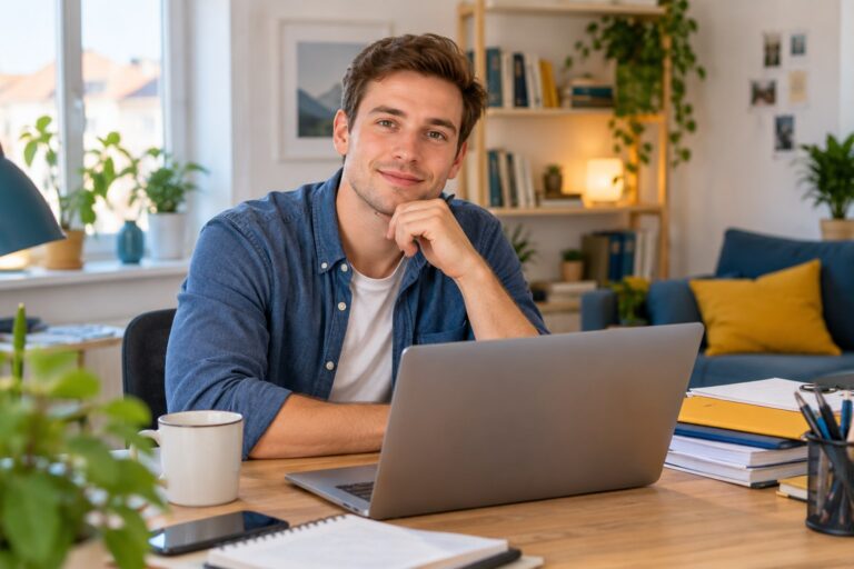 Mann am Schreibtisch mit Laptop und geordneten Unterlagen