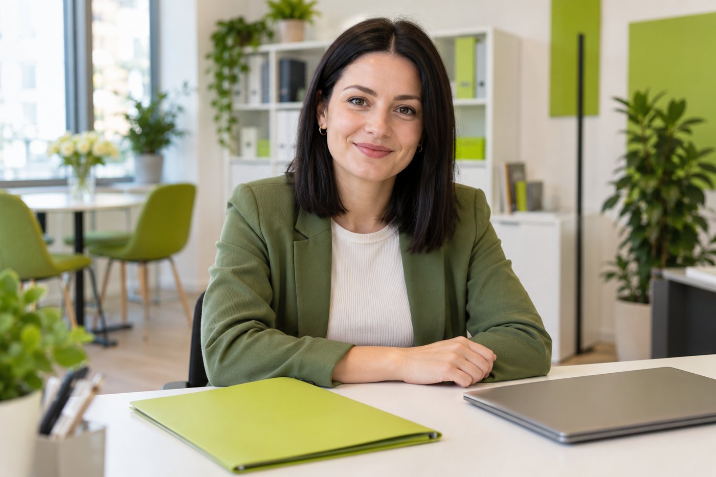 Frau an einem Schreibtisch mit einer grünen Dokumentenmappe.