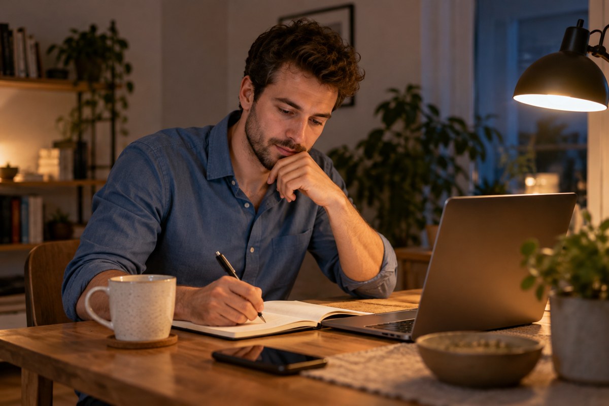 Mann plant am Abend mit Notizbuch und Laptop seine nächsten Schritte