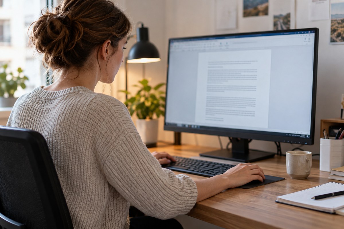 Frau bearbeitet ein Textdokument an einem großen Monitor