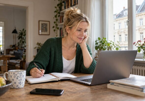 Frau arbeitet mit Laptop und aufgeschlagenem Kalenderbuch am Fenster