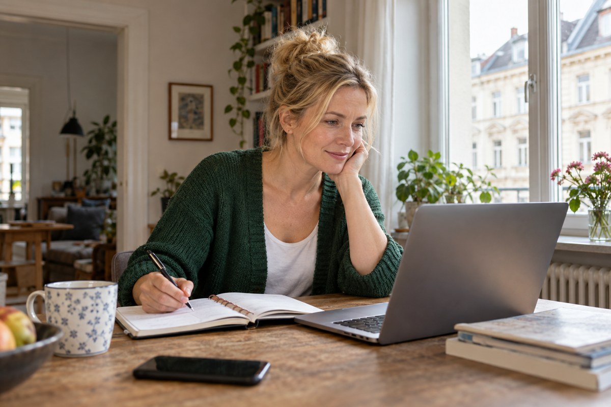 Frau arbeitet mit Laptop und aufgeschlagenem Kalenderbuch am Fenster