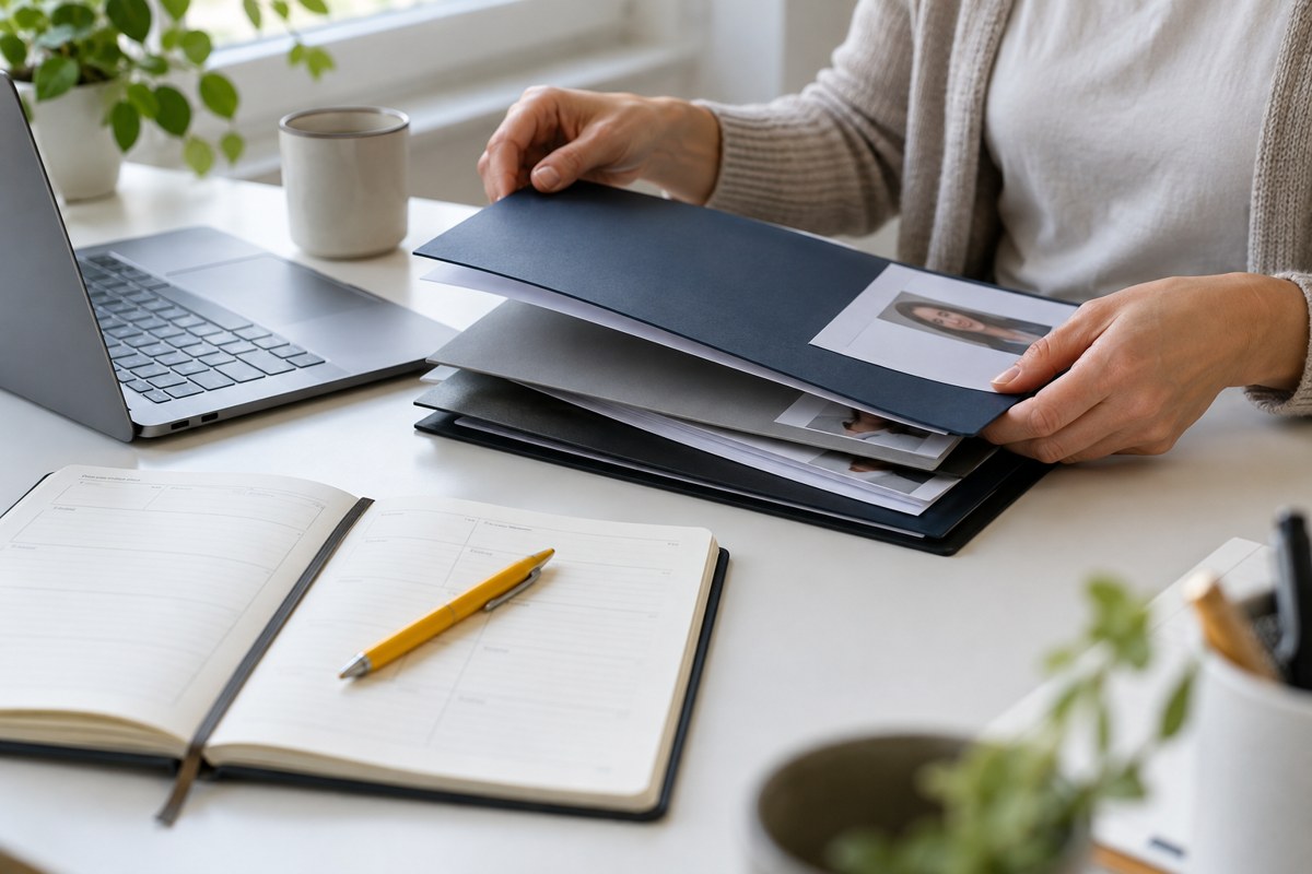 Hände ordnen Bewerbungsmappen neben einem Laptop und Wochenkalender