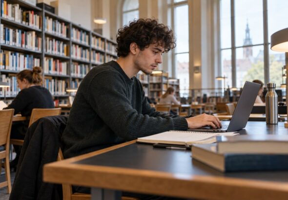 Junger Mann recherchiert am Laptop in einer Bibliothek
