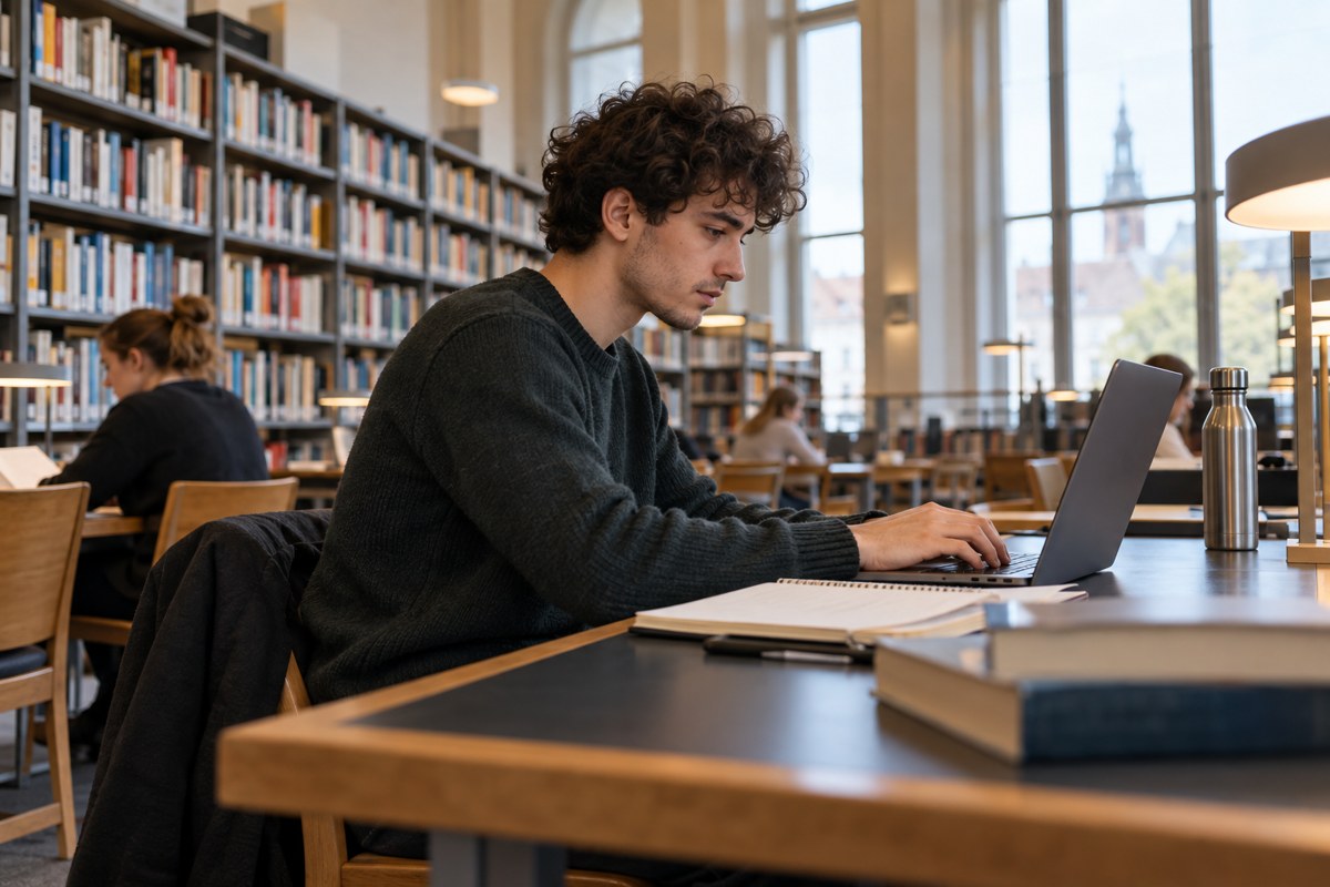 Junger Mann recherchiert am Laptop in einer Bibliothek
