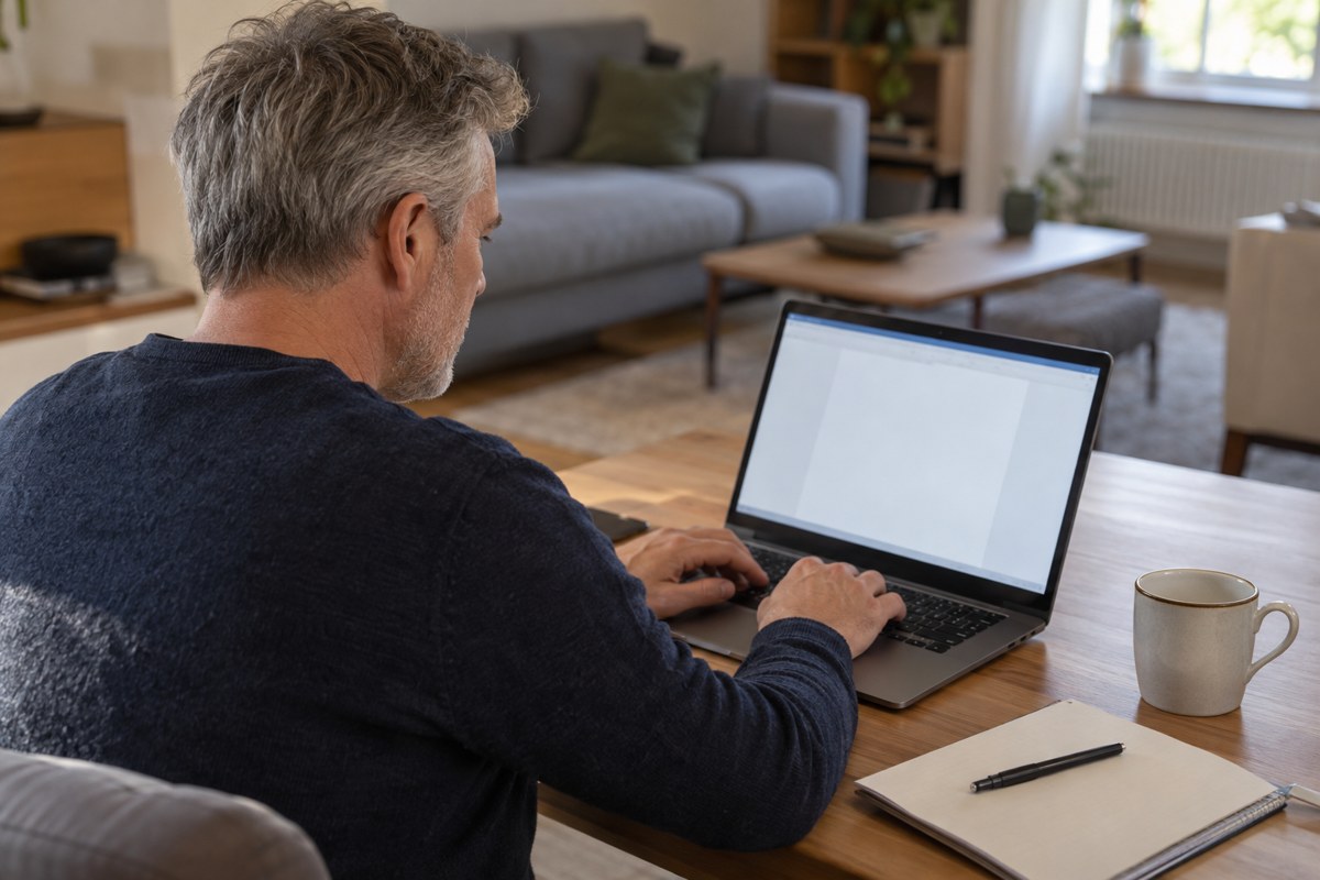 Mann bearbeitet eine Nachricht am Laptop im Wohnzimmer