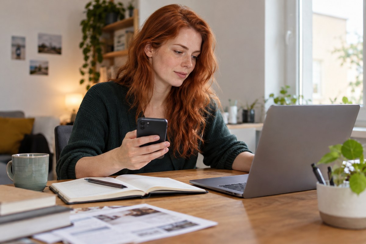 Frau nutzt Smartphone und Laptop neben einem Notizbuch