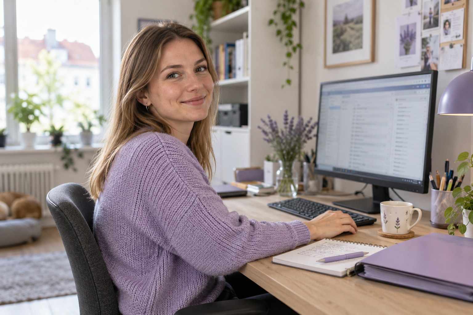 Junge Frau am Computer mit geöffnetem E-Mail-Postfach und Notizbuch auf dem Schreibtisch