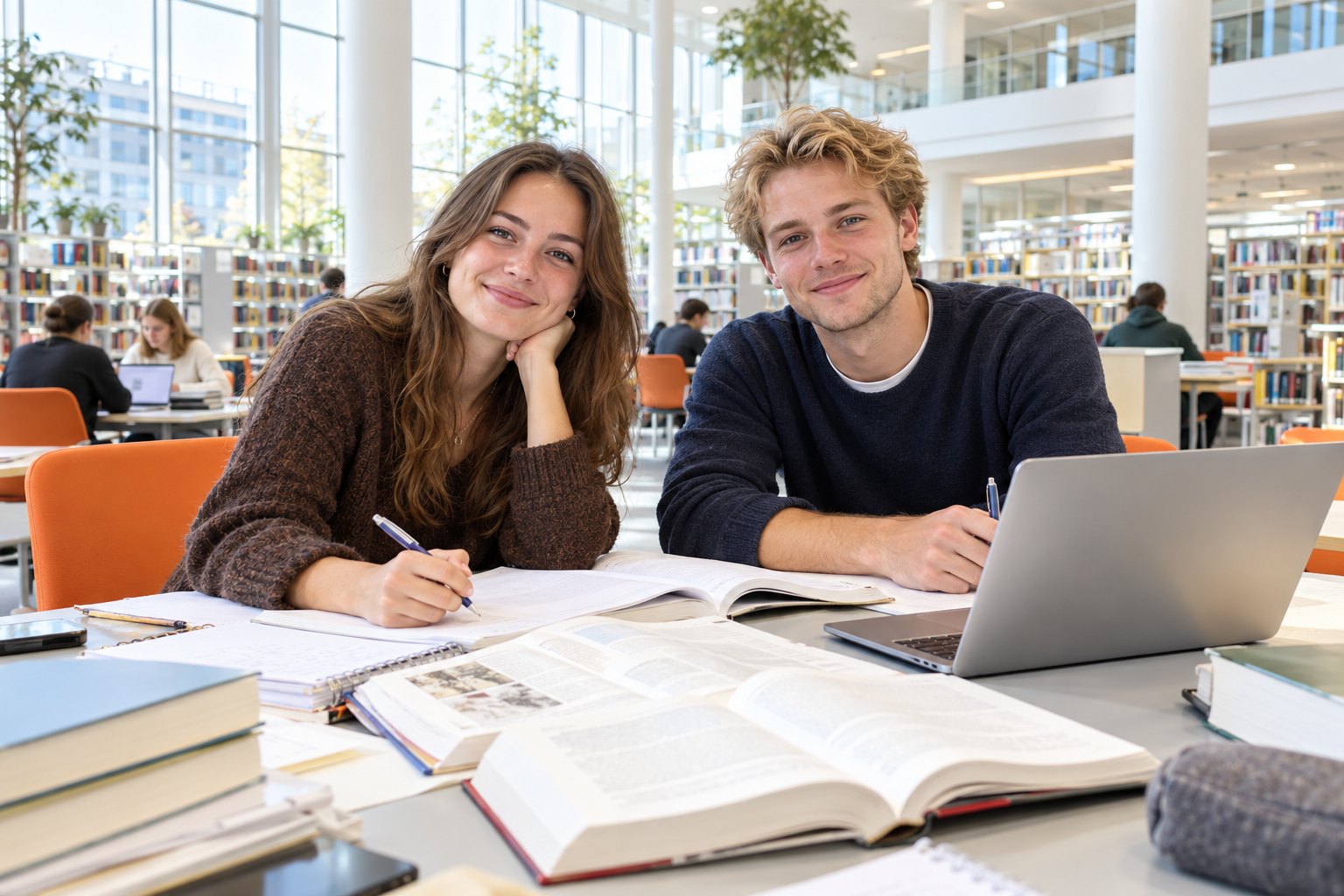 Zwei Personen mit Büchern und Laptop an einem Tisch in einer Bibliothek.