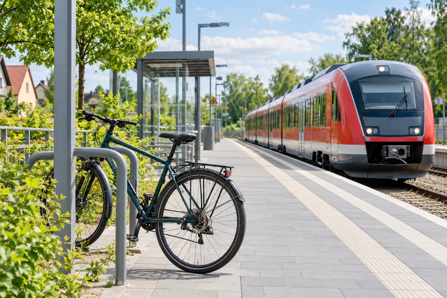 Fahrrad vor einem Bahnsteig mit einem Regionalzug im Hintergrund.