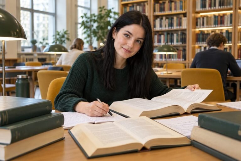 Eine Frau arbeitet mit aufgeschlagenen Büchern und Notizen in einem Lesesaal.