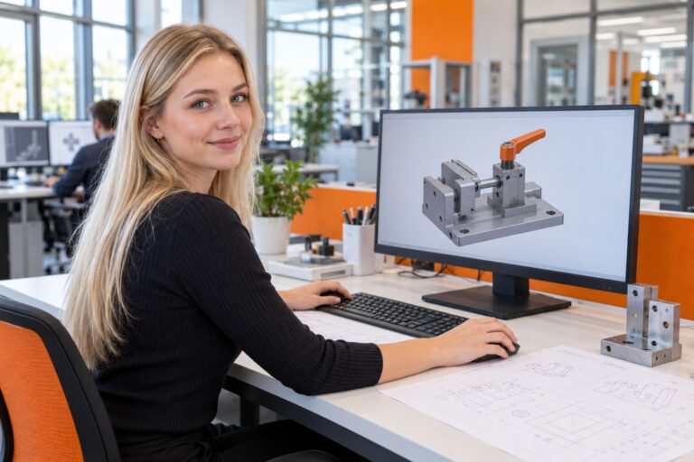 Frau am CAD-Arbeitsplatz mit dem Modell einer Spannvorrichtung auf dem Bildschirm
