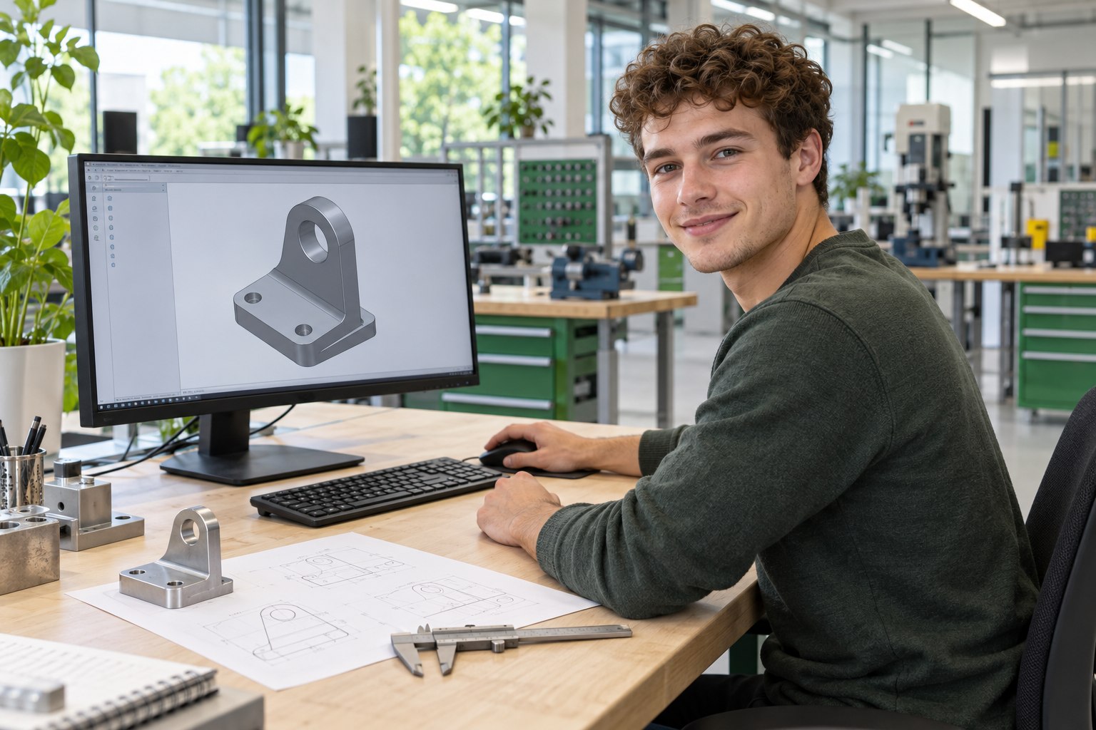 Mann mit CAD-Modell einer Halterung, technischer Zeichnung und Messschieber am Tisch