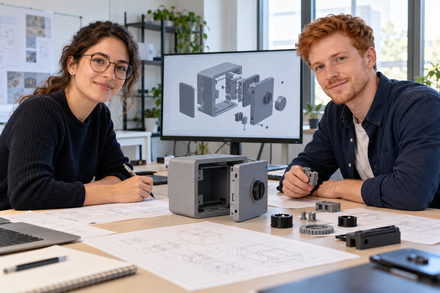 Zwei Personen an einem Tisch mit Gehäusemodell, Zeichnungen und einer CAD-Explosionsansicht
