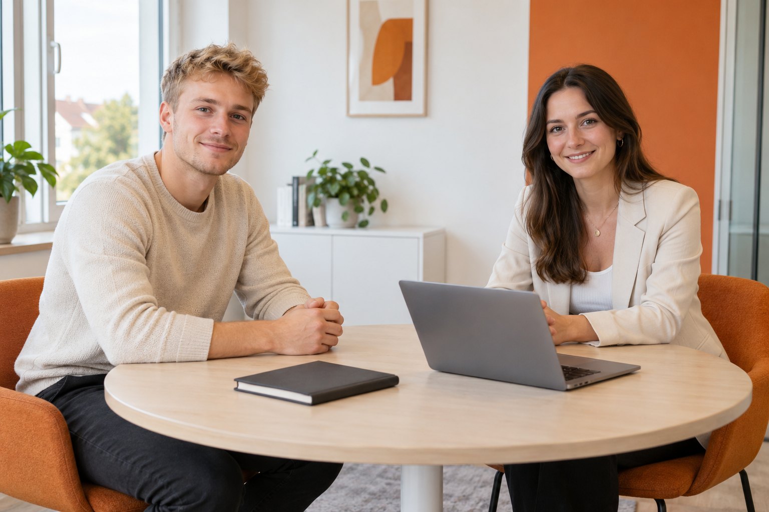 Zwei Personen sitzen mit Laptop und Notizbuch an einem runden Besprechungstisch.