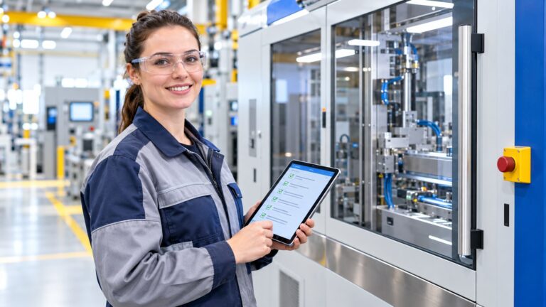 Technikerin mit Schutzbrille und Tablet vor einer geschlossenen Produktionsmaschine