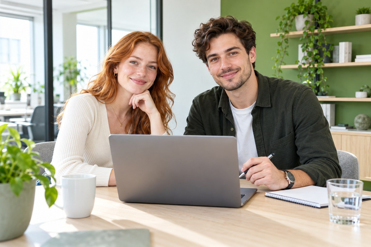 Zwei Personen sitzen gemeinsam vor einem Laptop.