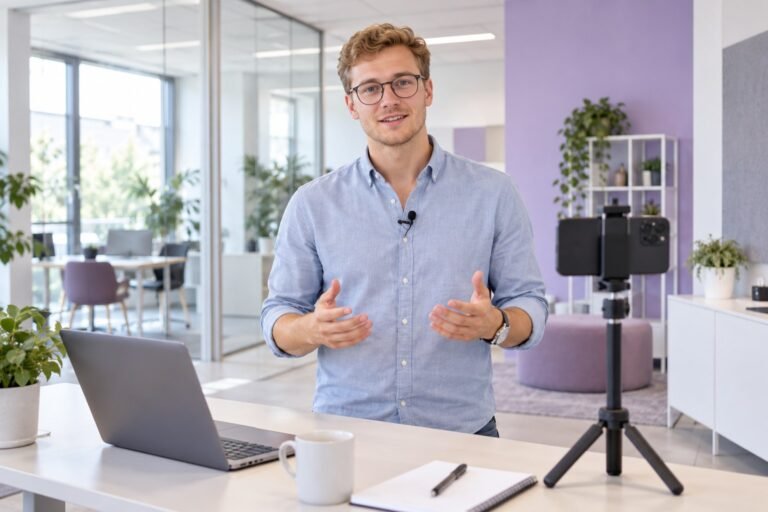 Mann mit Ansteckmikrofon vor einem Smartphone auf einem Stativ.