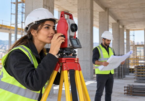 Technische Fachkraft aus der Türkei arbeitet mit einem Vermessungsgerät