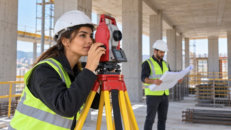 Technische Fachkraft aus der Türkei arbeitet mit einem Vermessungsgerät