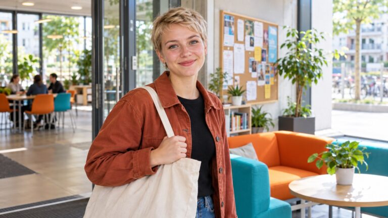 Junge Frau mit Stofftasche in einem hellen Nachbarschaftszentrum.